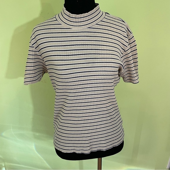 VINTAGE Y2K RIBBED STRIPED YELLOW BLUE MOCK NECK SHORT SLEEVE TOP SIZE MEDIUM - Picture 1 of 8